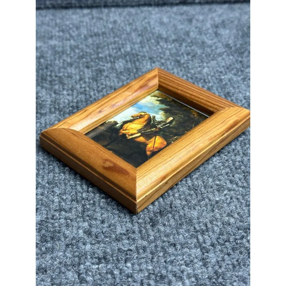 Vintage miniature solid wood picture frame 3.5x4.5 equestrian print wall hook